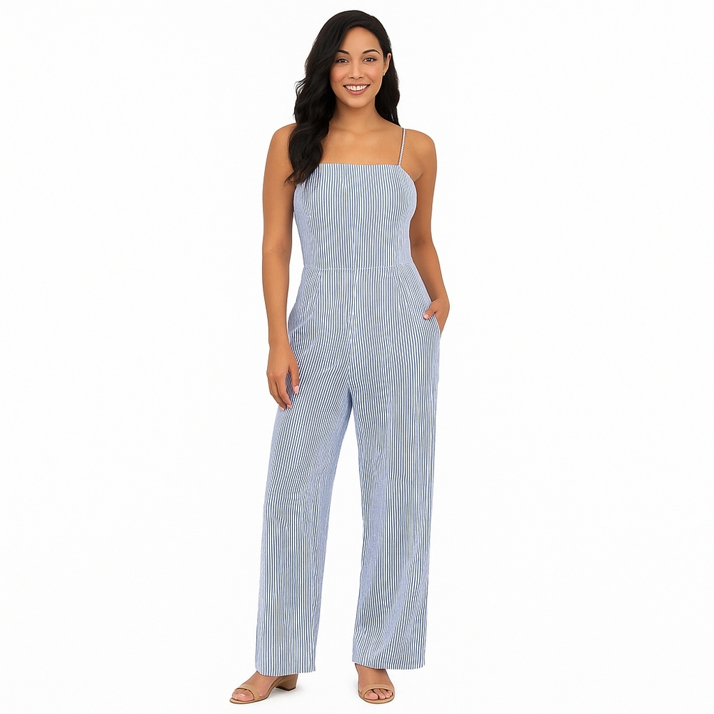 Lee Women's Linen Blend Stripe Wide Leg Jumpsuit Sleeveless Coastal Beachy Chic
